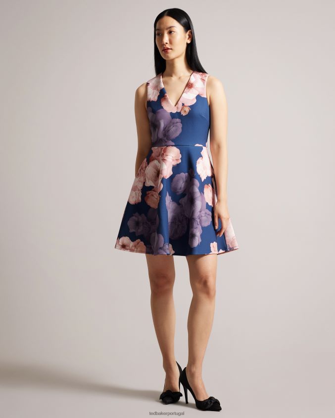 roupas Ted Baker vestido skatista estampado emleey com decote em V azul escuro mulheres 8X6HDF69