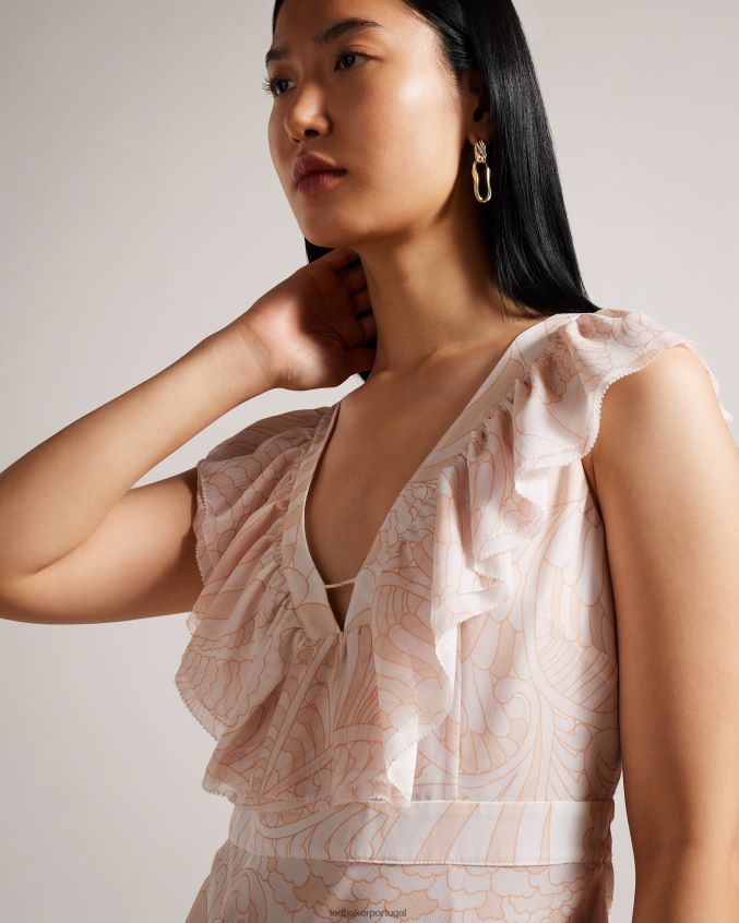 roupas Ted Baker vestido maxi com detalhes de babados sheriil paisley nude claro mulheres 8X6HDF347