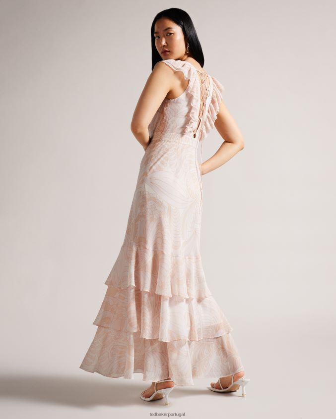 roupas Ted Baker vestido maxi com detalhes de babados sheriil paisley nude claro mulheres 8X6HDF347