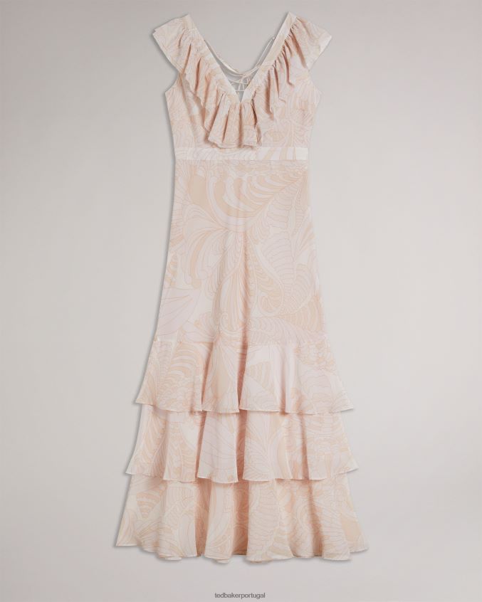 roupas Ted Baker vestido maxi com detalhes de babados sheriil paisley nude claro mulheres 8X6HDF347