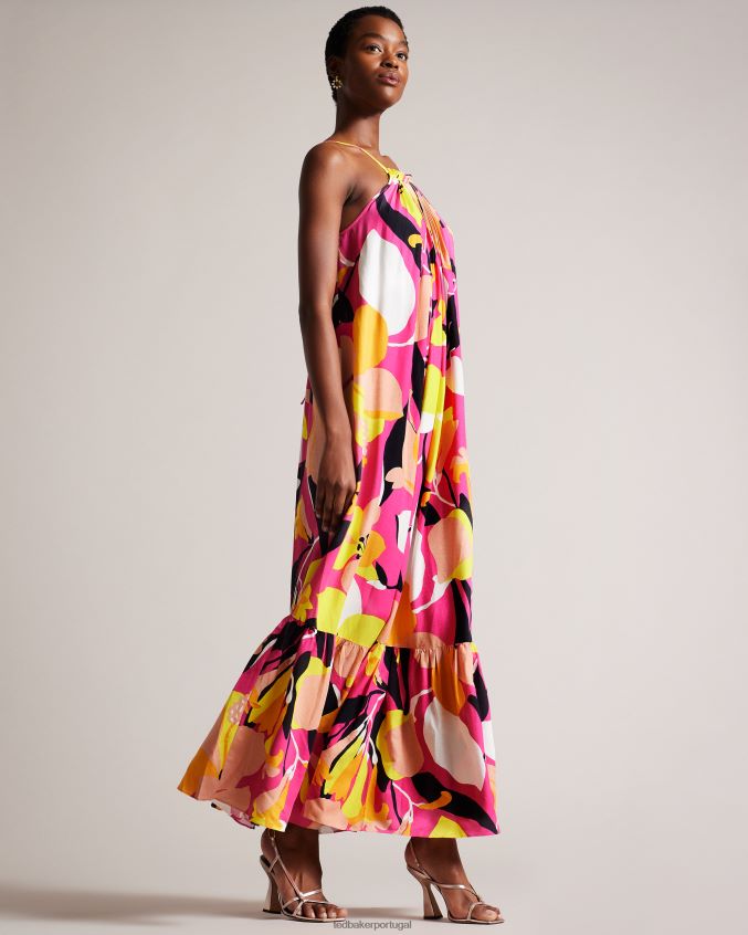 roupas Ted Baker vestido maxi halter plissado com estampa abstrata ikella Rosa brilhante mulheres 8X6HDF350