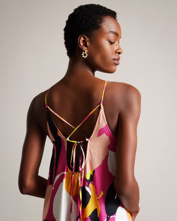 roupas Ted Baker vestido maxi halter plissado com estampa abstrata ikella Rosa brilhante mulheres 8X6HDF350