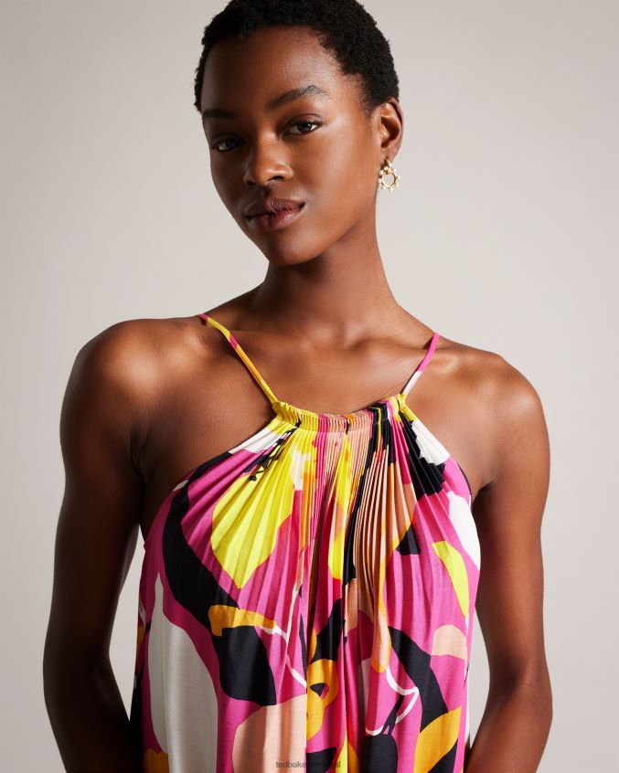 roupas Ted Baker vestido maxi halter plissado com estampa abstrata ikella Rosa brilhante mulheres 8X6HDF350
