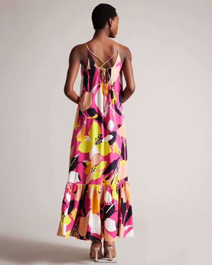 roupas Ted Baker vestido maxi halter plissado com estampa abstrata ikella Rosa brilhante mulheres 8X6HDF350