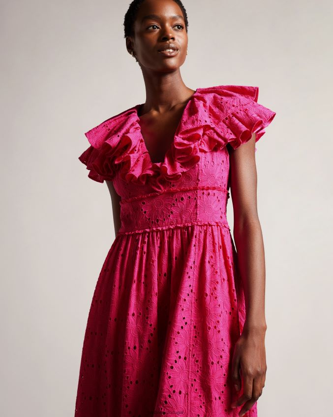 roupas Ted Baker Mirza vestido midi com babados e decote em V Rosa brilhante mulheres 8X6HDF245