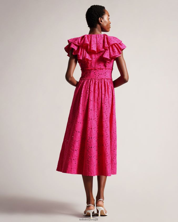 roupas Ted Baker Mirza vestido midi com babados e decote em V Rosa brilhante mulheres 8X6HDF245