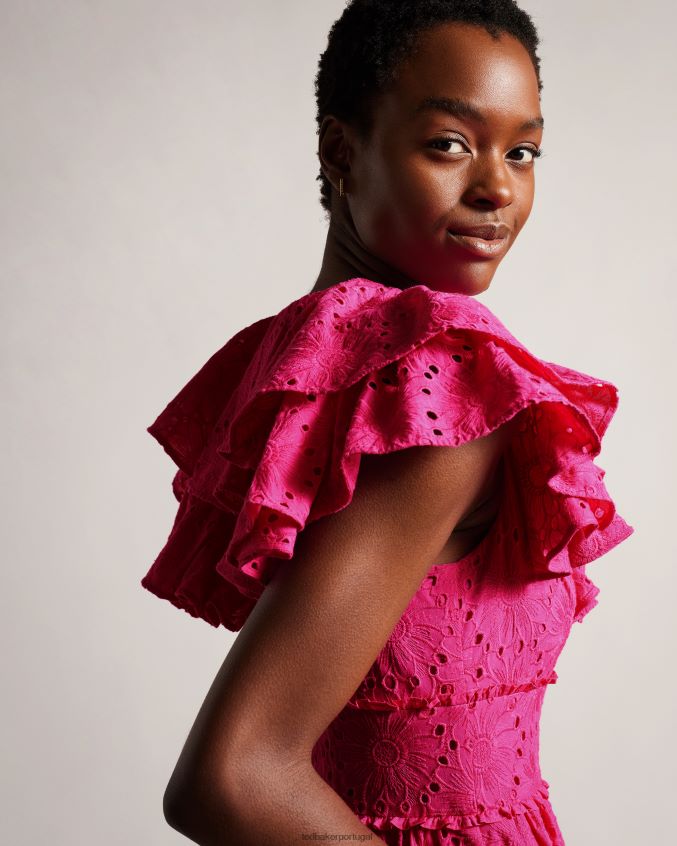 roupas Ted Baker Mirza vestido midi com babados e decote em V Rosa brilhante mulheres 8X6HDF245