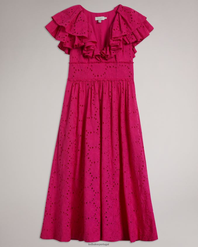 roupas Ted Baker Mirza vestido midi com babados e decote em V Rosa brilhante mulheres 8X6HDF245
