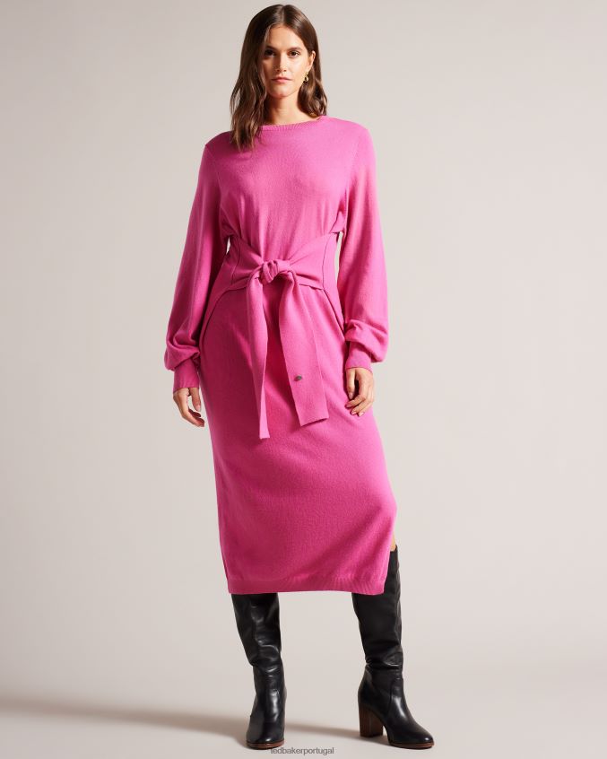 roupas Ted Baker essya vestido midi de malha desleixado com amarração na frente Rosa brilhante mulheres 8X6HDF102