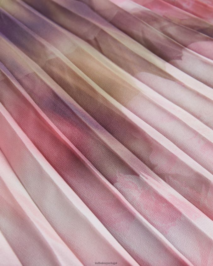 roupas Ted Baker lindo vestido midi com saia floral plissada coral mulheres 8X6HDF17