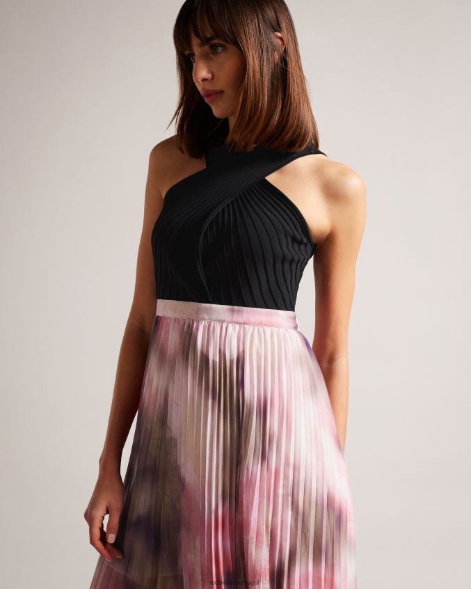 roupas Ted Baker lindo vestido midi com saia floral plissada coral mulheres 8X6HDF17