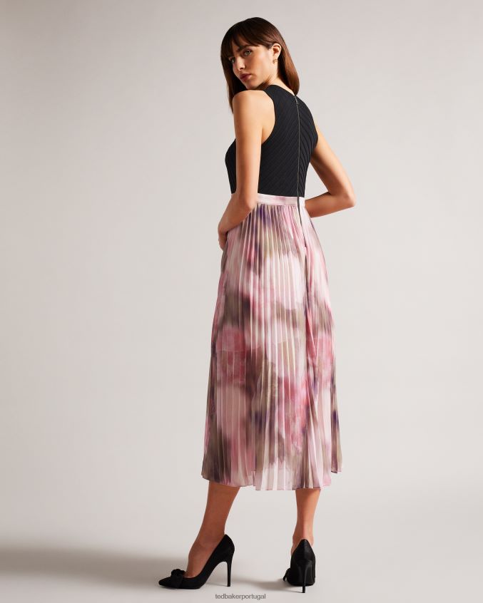roupas Ted Baker lindo vestido midi com saia floral plissada coral mulheres 8X6HDF17