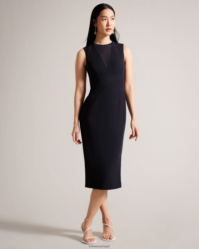 roupas Ted Baker vestido elissii midi bodycon com decote em V transparente azul marinho mulheres 8X6HDF371
