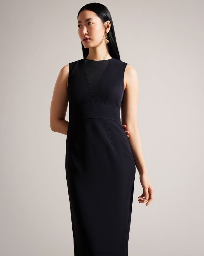 roupas Ted Baker vestido elissii midi bodycon com decote em V transparente azul marinho mulheres 8X6HDF371