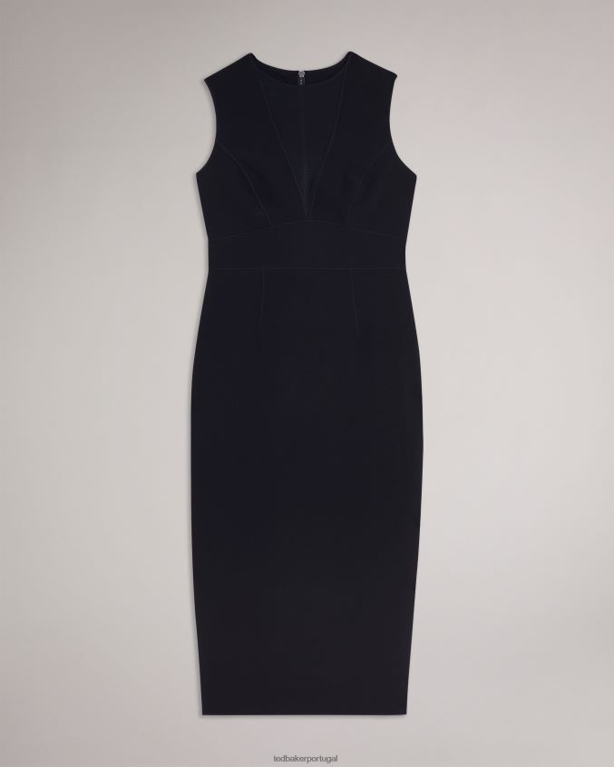 roupas Ted Baker vestido elissii midi bodycon com decote em V transparente azul marinho mulheres 8X6HDF371