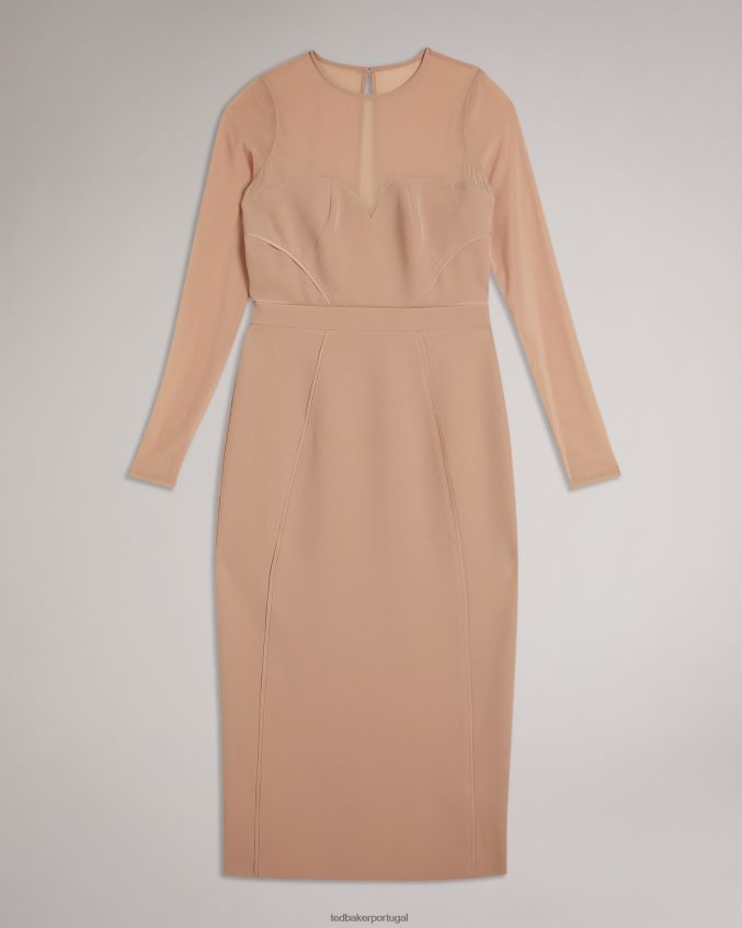 roupas Ted Baker vestido ivylou bodycon midi com mangas transparentes nu mulheres 8X6HDF359