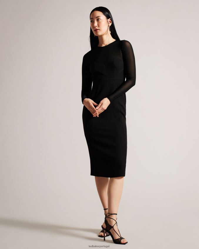 roupas Ted Baker vestido ivylou bodycon midi com mangas transparentes preto mulheres 8X6HDF417