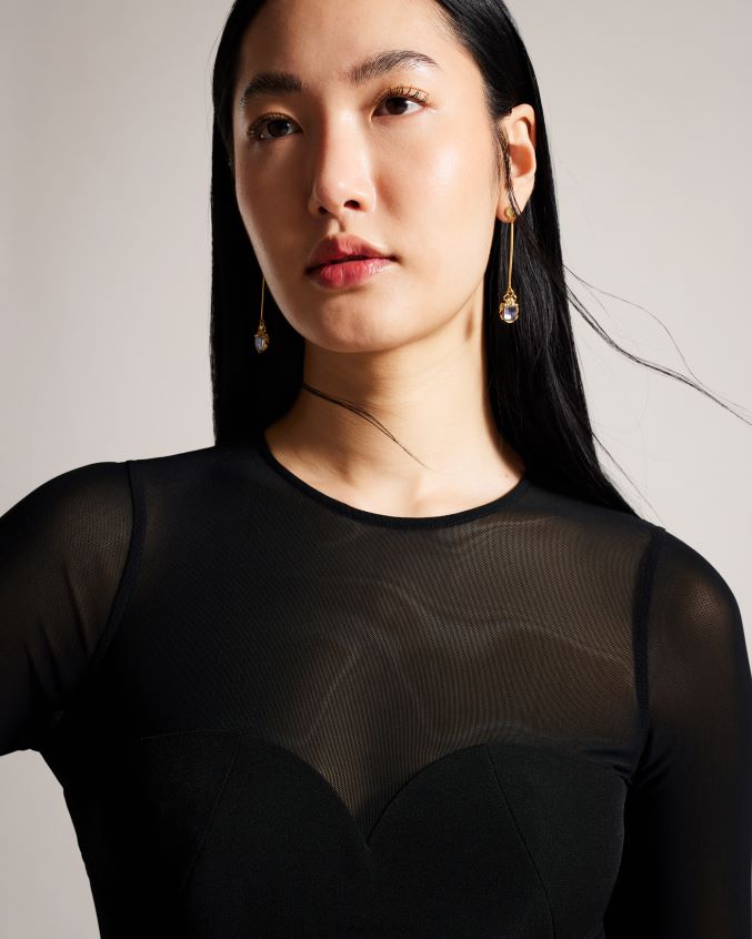 roupas Ted Baker vestido ivylou bodycon midi com mangas transparentes preto mulheres 8X6HDF417