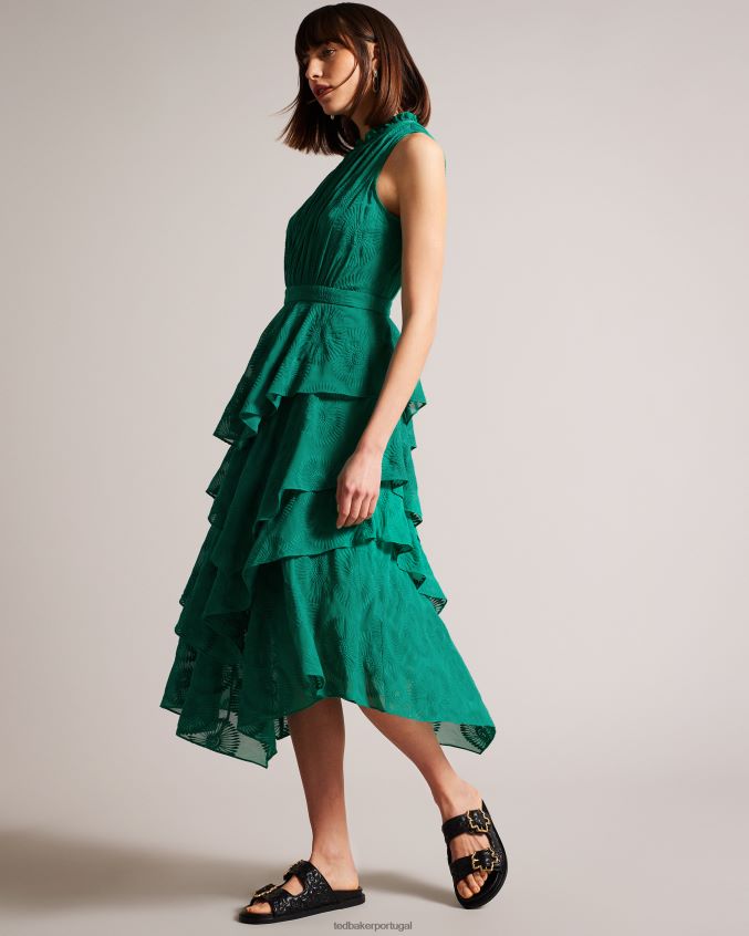 roupas Ted Baker vestido midi bordado floryah com saia em camadas verde mulheres 8X6HDF464