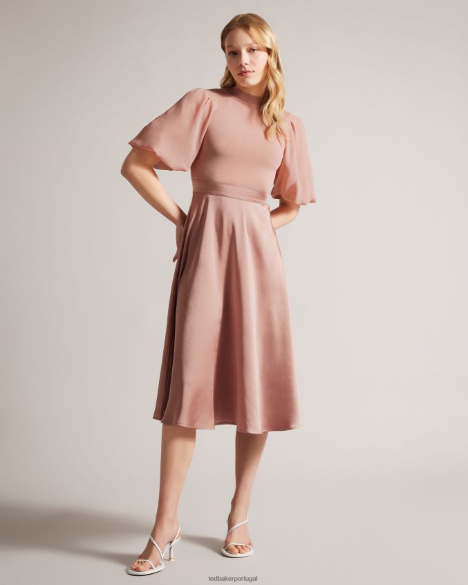 roupas Ted Baker vestido midi com corpete justo manga bufante brontei rosa escuro mulheres 8X6HDF18
