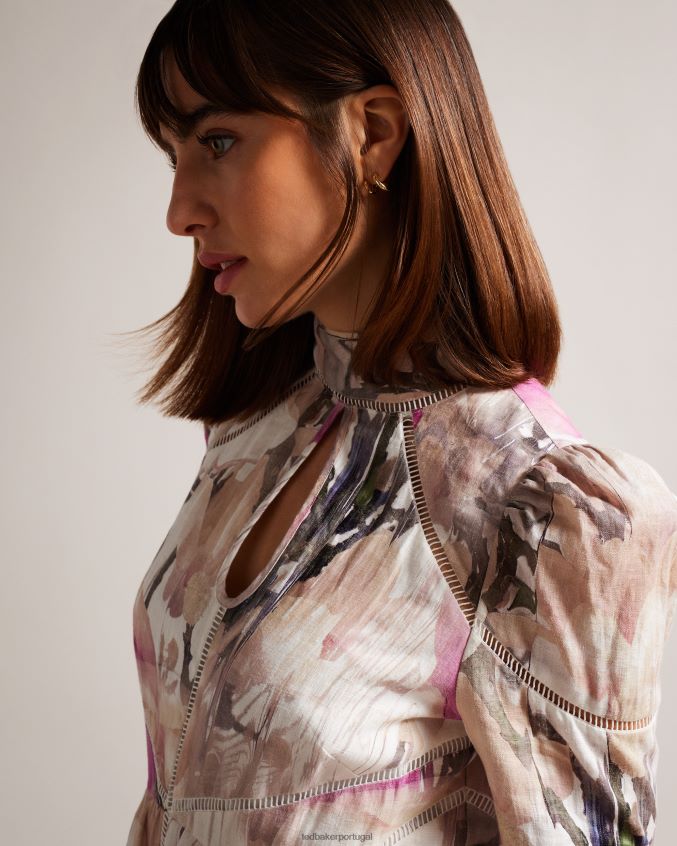 roupas Ted Baker vestido midi com recorte em renda floral freisya nude claro mulheres 8X6HDF21