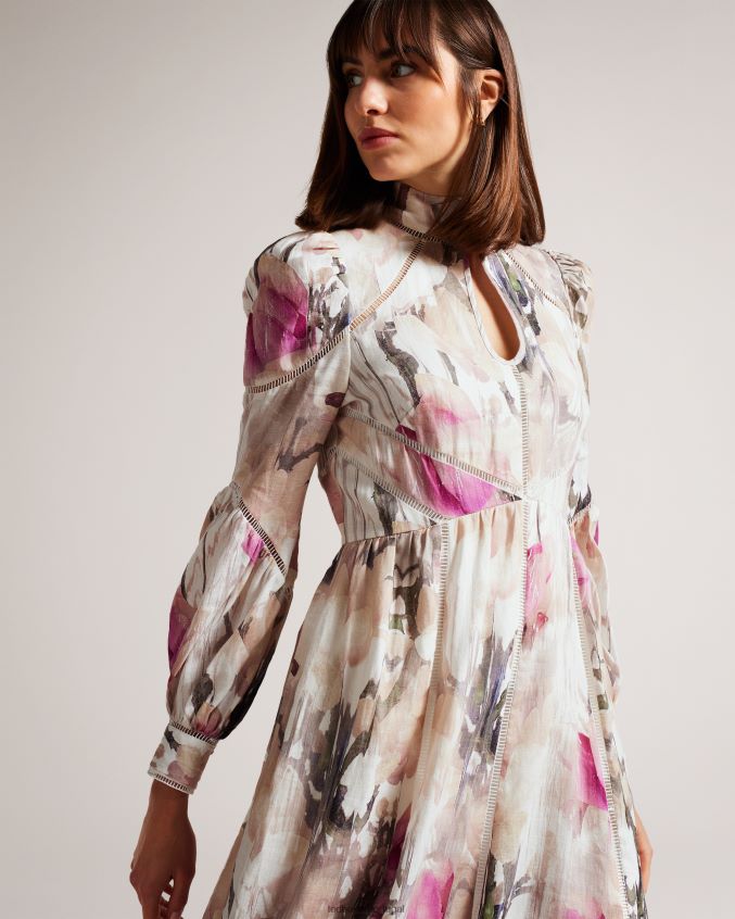 roupas Ted Baker vestido midi com recorte em renda floral freisya nude claro mulheres 8X6HDF21
