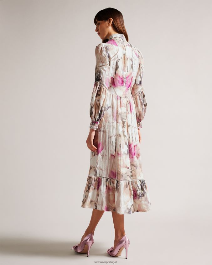 roupas Ted Baker vestido midi com recorte em renda floral freisya nude claro mulheres 8X6HDF21