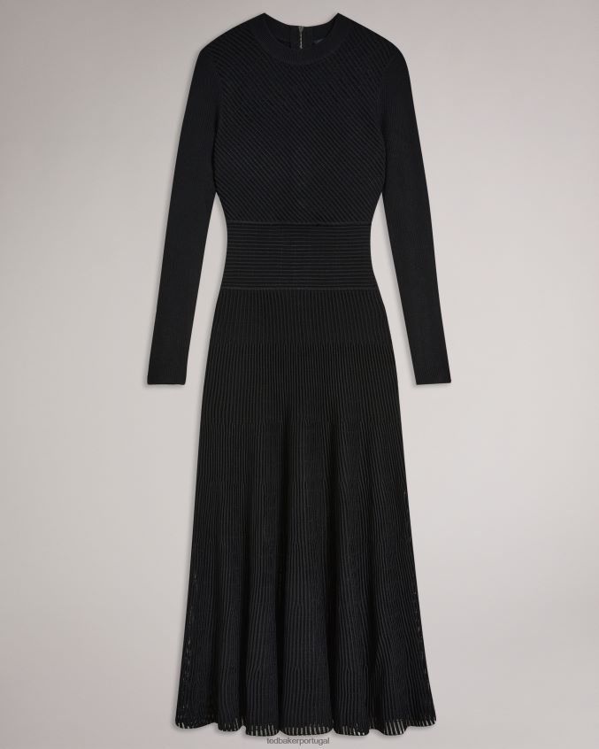 roupas Ted Baker vestido midi com textura evasê latinia preto mulheres 8X6HDF246