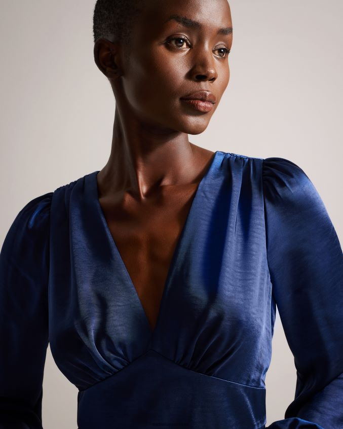 roupas Ted Baker vestido midi de cetim daniia com manga blusão azul escuro mulheres 8X6HDF29