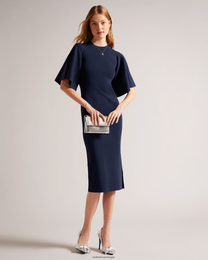 roupas Ted Baker vestido midi de malha bodycon com manga canelada lounia azul escuro mulheres 8X6HDF187