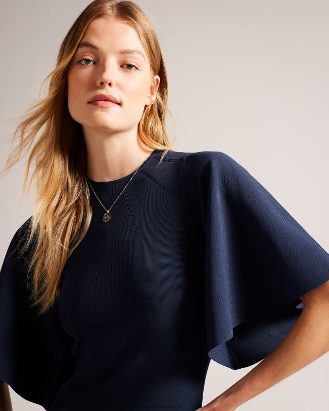 roupas Ted Baker vestido midi de malha bodycon com manga canelada lounia azul escuro mulheres 8X6HDF187