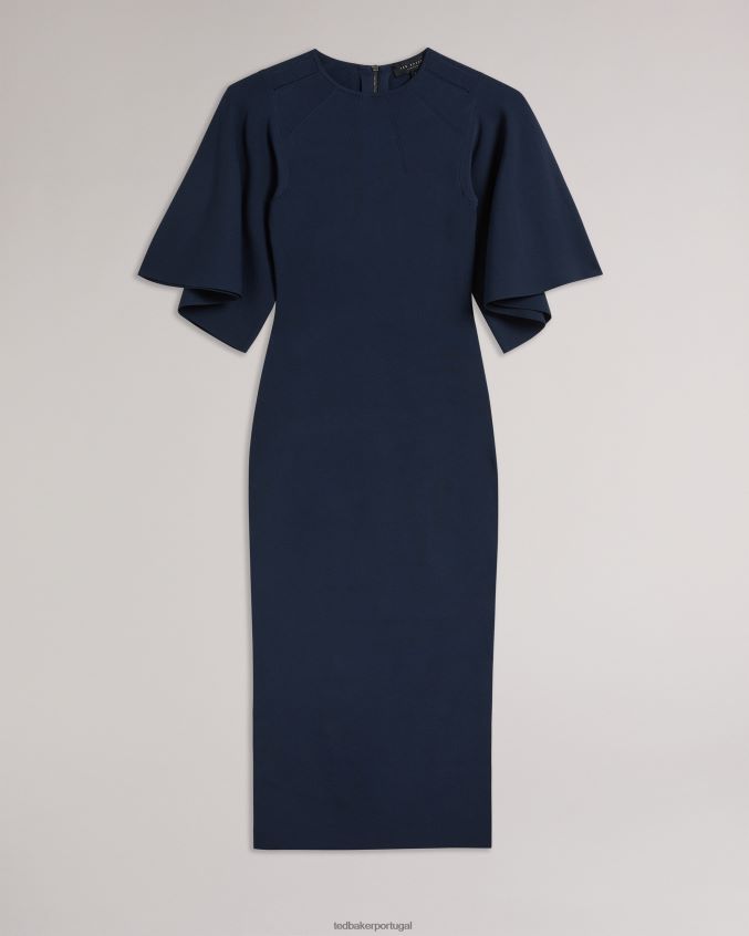 roupas Ted Baker vestido midi de malha bodycon com manga canelada lounia azul escuro mulheres 8X6HDF187