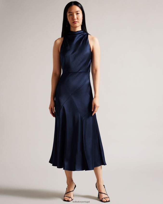 roupas Ted Baker vestido midi lilymay com decote em bico e corte viés azul escuro mulheres 8X6HDF15