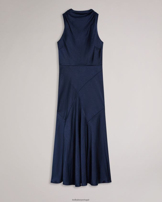 roupas Ted Baker vestido midi lilymay com decote em bico e corte viés azul escuro mulheres 8X6HDF15