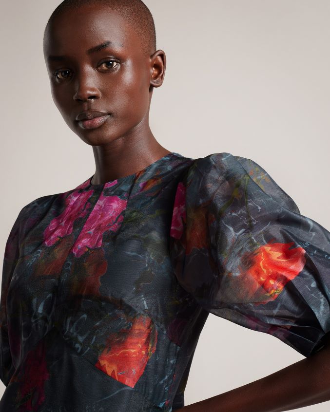 roupas Ted Baker vestido midi linha império mekayla com manga bufante preto mulheres 8X6HDF64