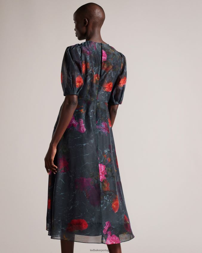 roupas Ted Baker vestido midi linha império mekayla com manga bufante preto mulheres 8X6HDF64