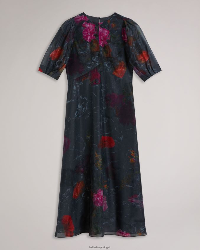 roupas Ted Baker vestido midi linha império mekayla com manga bufante preto mulheres 8X6HDF64