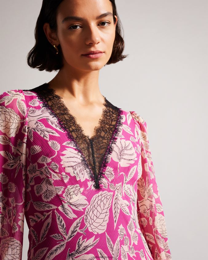 roupas Ted Baker vestido midi manga longa izobele com acabamento em renda Rosa brilhante mulheres 8X6HDF66