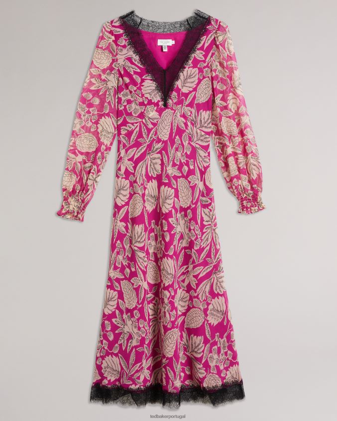roupas Ted Baker vestido midi manga longa izobele com acabamento em renda Rosa brilhante mulheres 8X6HDF66
