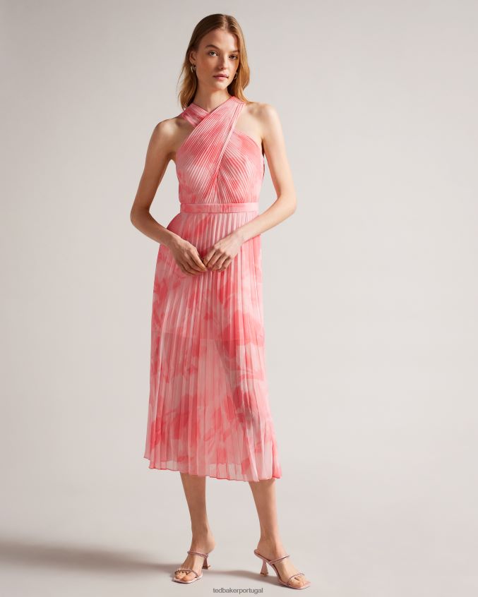 roupas Ted Baker vestido midi plissado com frente cruzada mirelia coral mulheres 8X6HDF19