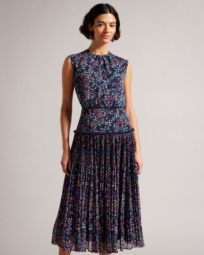 roupas Ted Baker vestido midi sem mangas com estampa de coração coral azul marinho mulheres 8X6HDF176